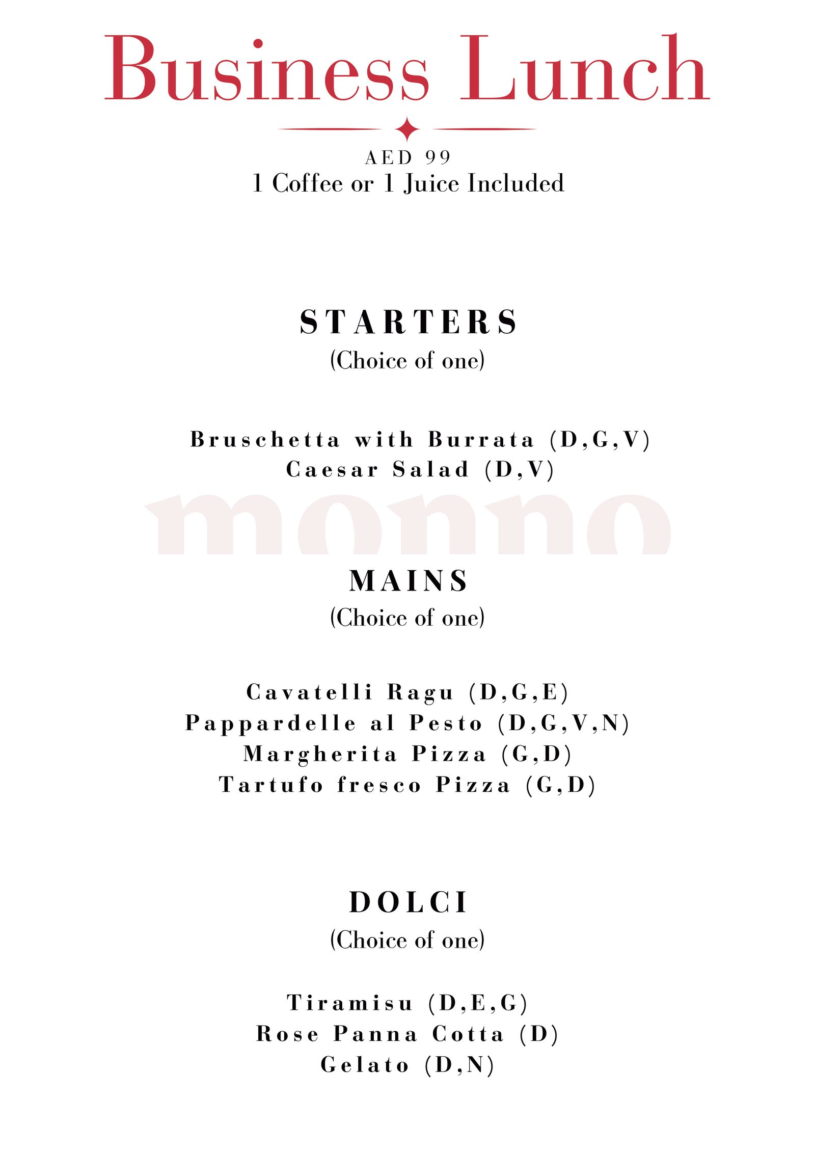 Monno Ristorante Business Lunch Menu