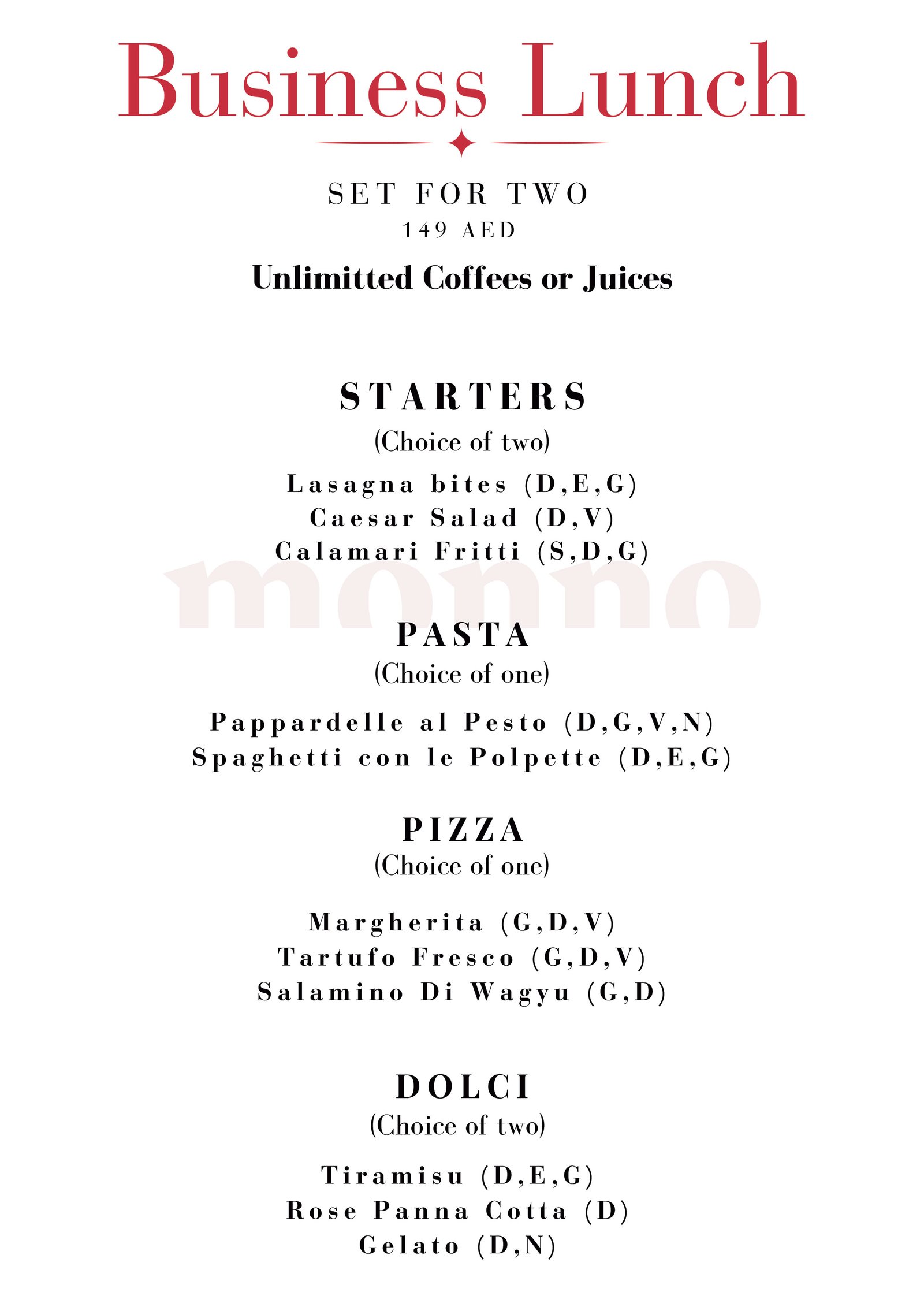 Monno Ristorante Business Lunch Menu